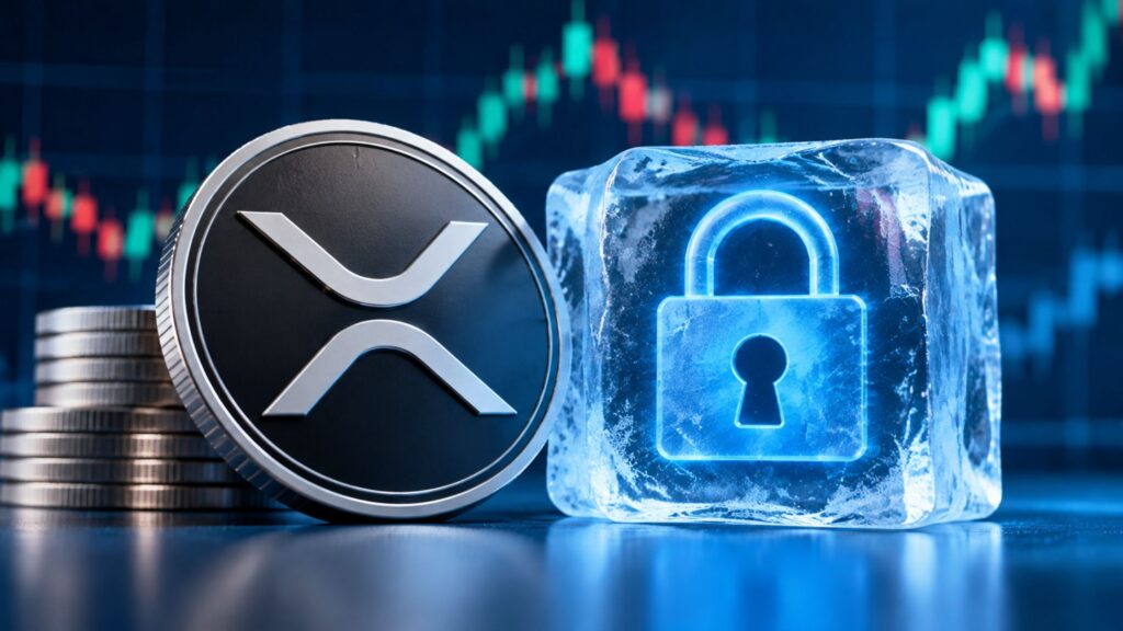 Ripple XRP coin beside frozen padlock