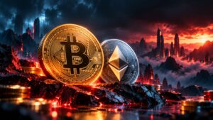 Bitcoin Ethereum coins with falling market