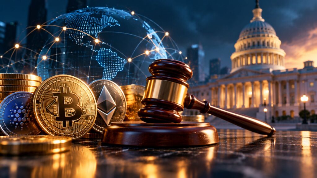 Cryptocurrency coins beside regulatory judge gavel