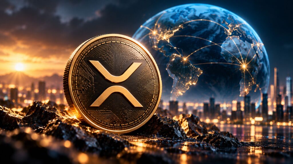XRP coin against glowing digital globe