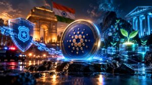 Cardano coin with blockchain security visuals