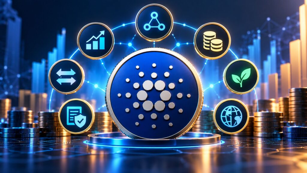 Cardano coin surrounded by DeFi network icons