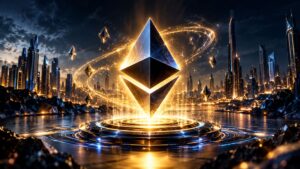 Ethereum coin with futuristic rising market visuals