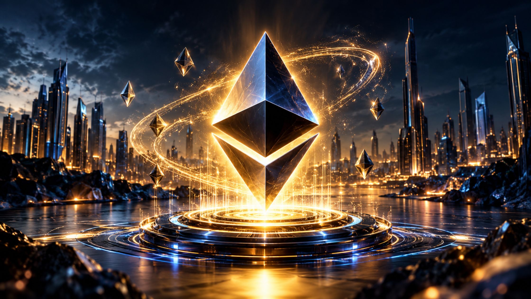 Ethereum coin with futuristic rising market visuals