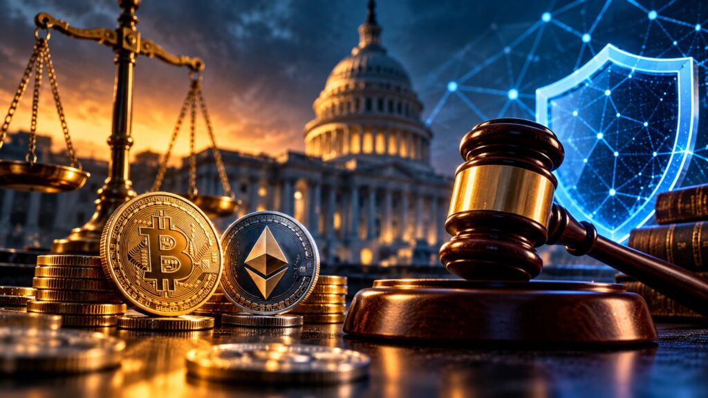 Cryptocurrency coins beside regulatory justice gavel
