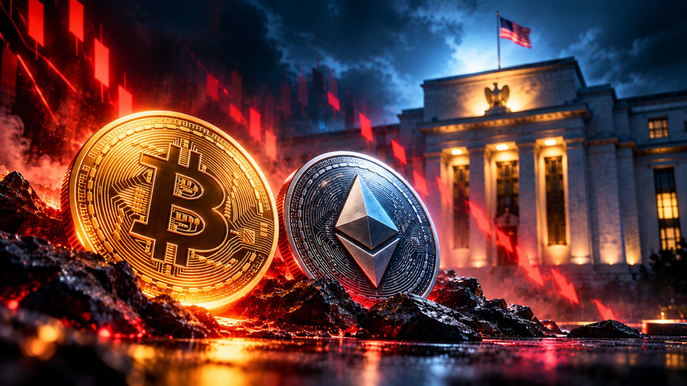 Bitcoin Ethereum coins during market decline