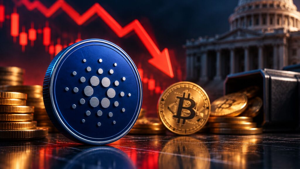 Cardano coin beside falling crypto charts