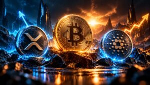 Bitcoin XRP Cardano coins showing market trends