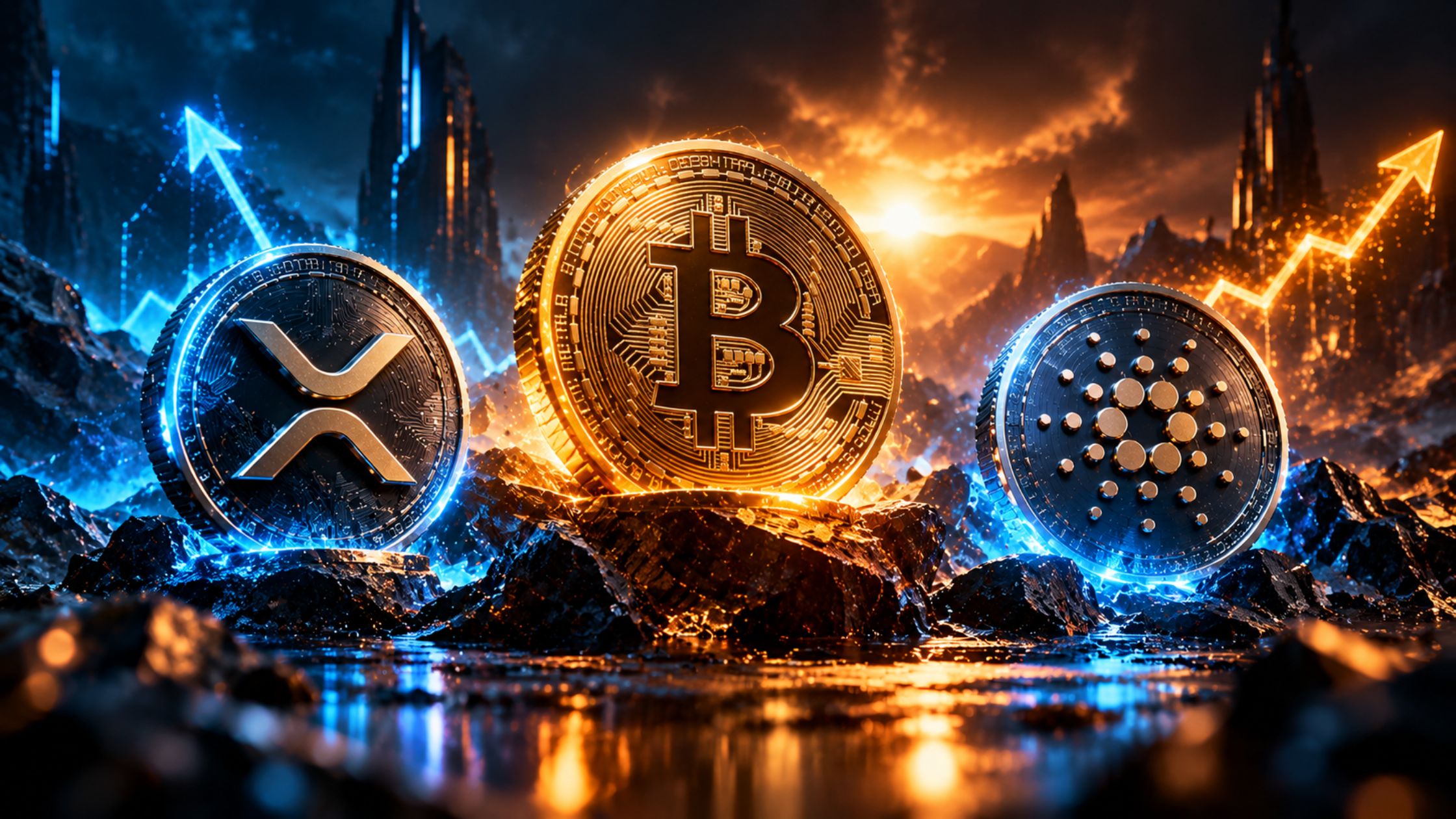 Bitcoin XRP Cardano coins showing market trends
