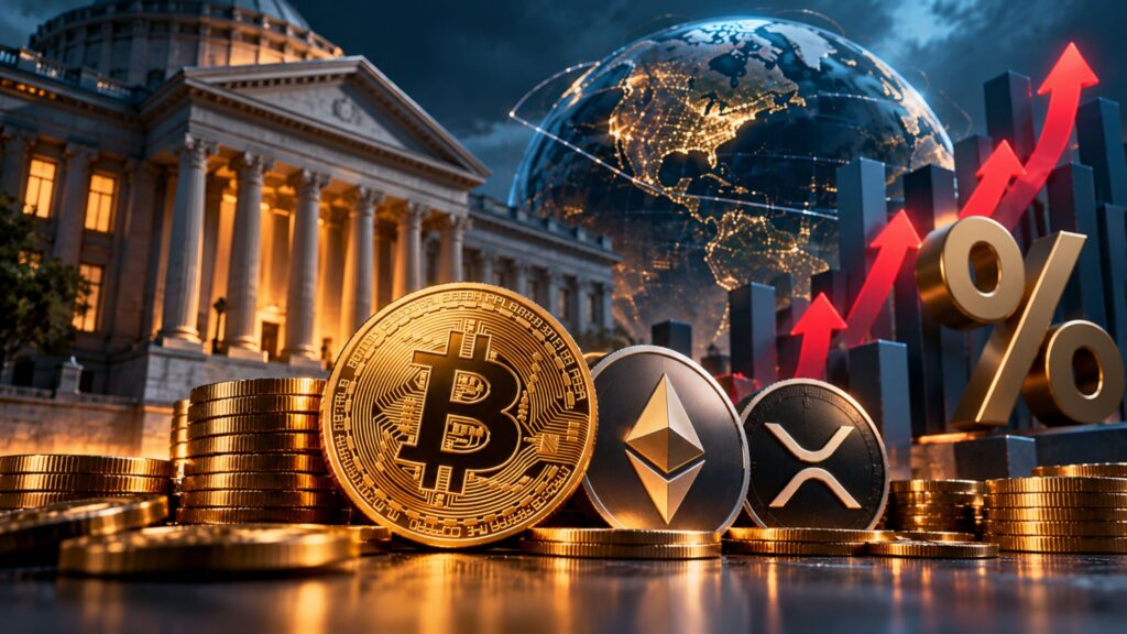 Cryptocurrency coins beside rising interest rates
